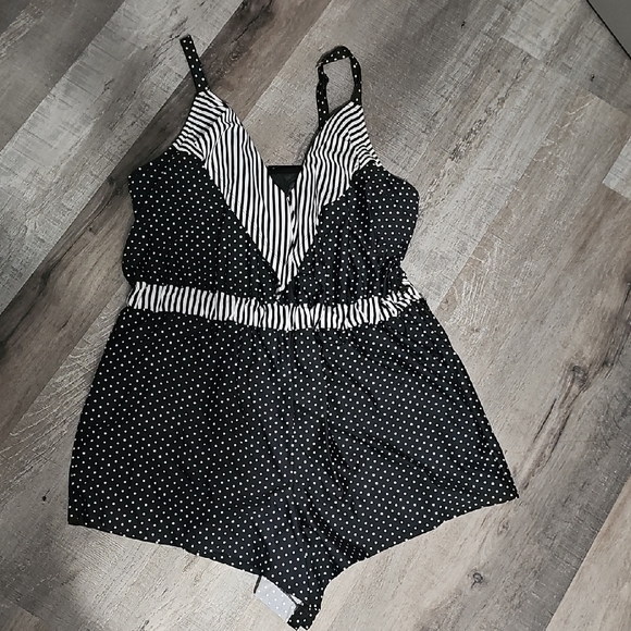 Cacique Other - Cacique Black & White Polka Dot Romper with Striped Trim Swim Suit (A)
